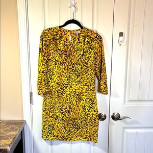 Juicy Couture Silk Animal Print Yellow Black Ruffle Neck Dress Size 6